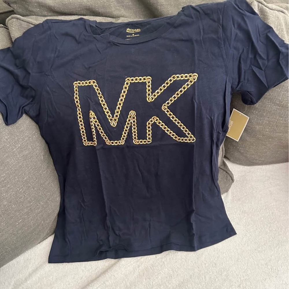 Michael Kors Dark Blue Tee with Chain Gold Logo